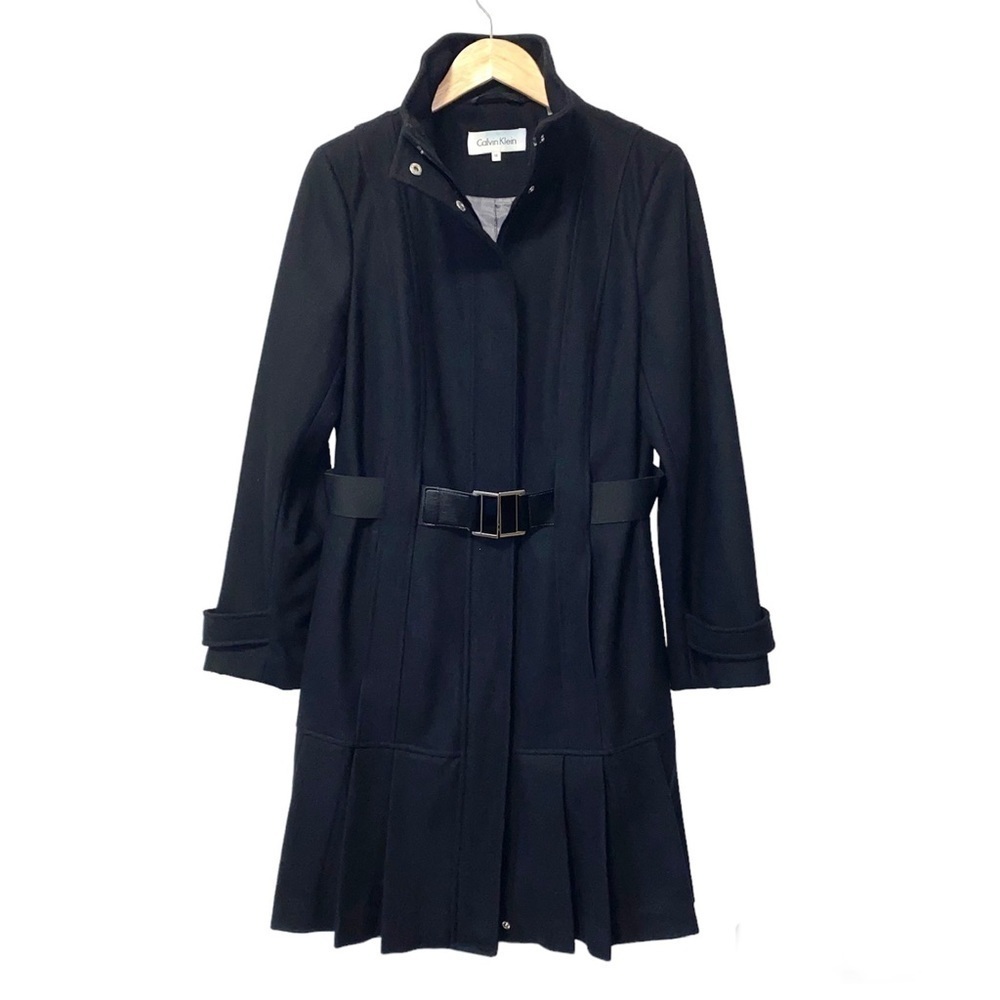 Calvin Klein Black Wool Coat‎ Tailored Midi Trench Old Money Womens 10 Medium